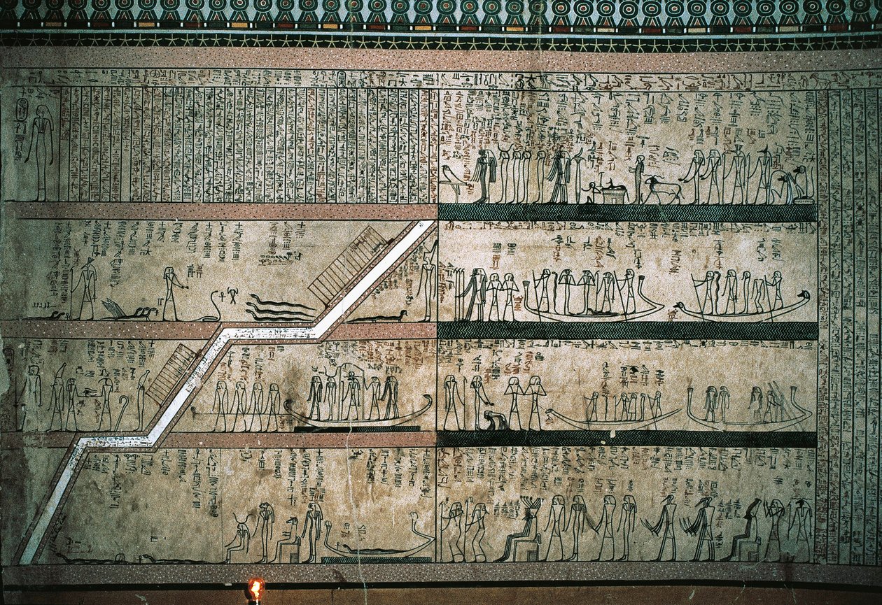 Fresker som visar Amduats bok, Solbåtens resa, på gravkammarens östra vägg av Egyptian 18th Dynasty