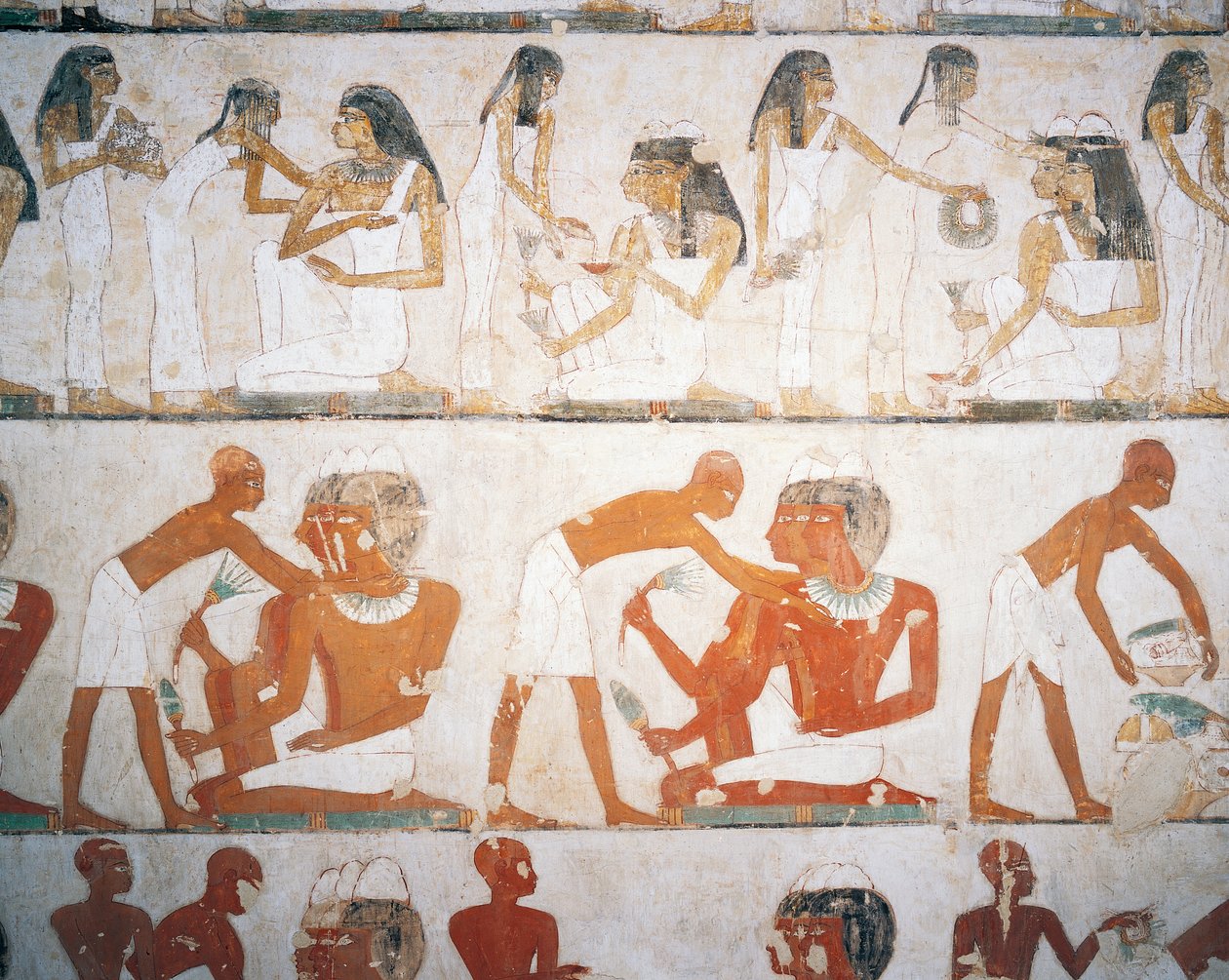 Begravningsfest, män och kvinnor tar på sig smycken, fresk, Rekhmires grav (TT100), Sheikh Abd el-Qurna, Thebe (Unescos världsarvslista av Egyptian 18th Dynasty