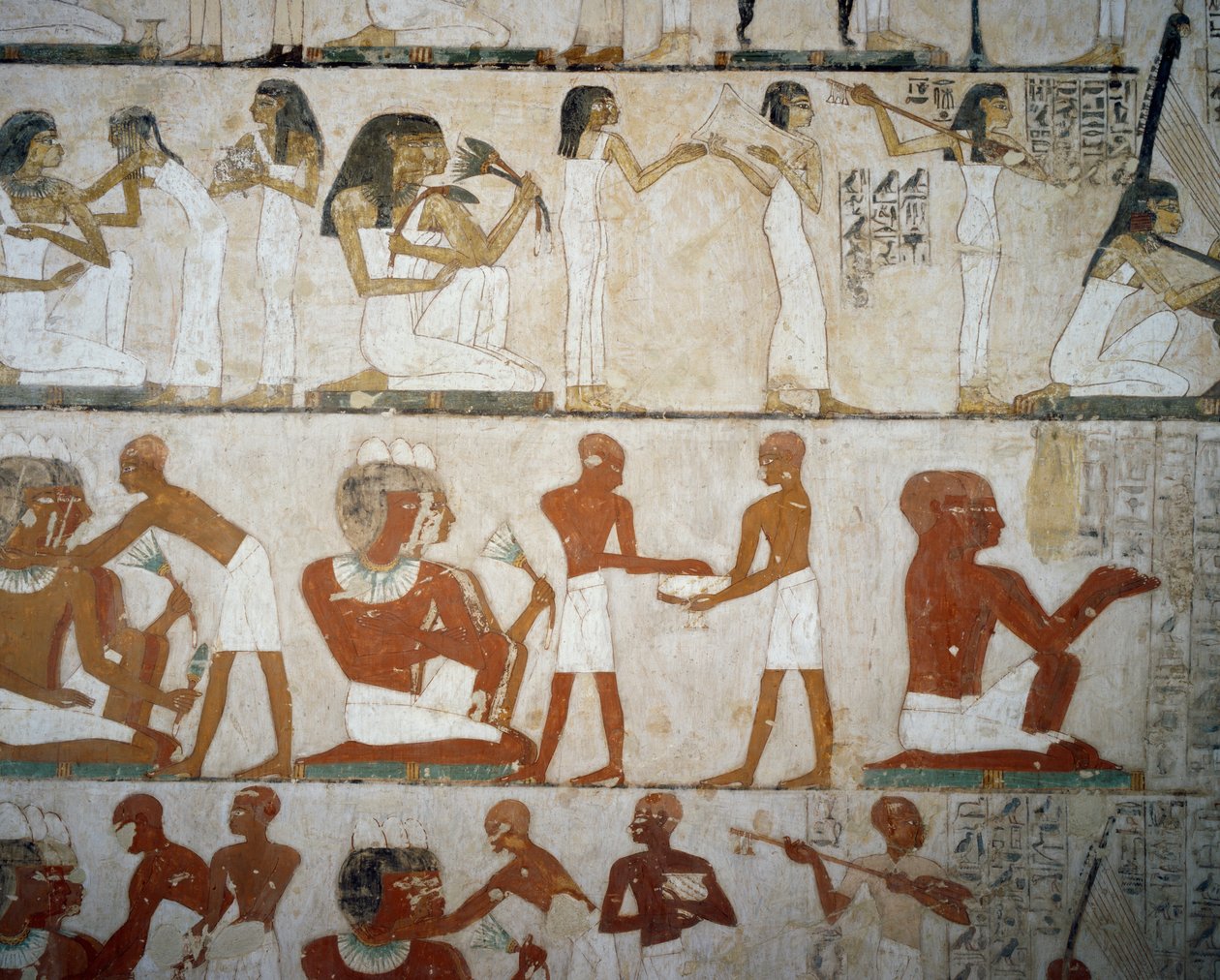 Begravningsfest med kvinnliga musiker, damer som pryder sig med smycken, män och musiker, Tomb of Rekhmire, Sheikh Abd el Qurnah Necropolis, Luxor, Thebe (Unescos världsarvslista av Egyptian 18th Dynasty