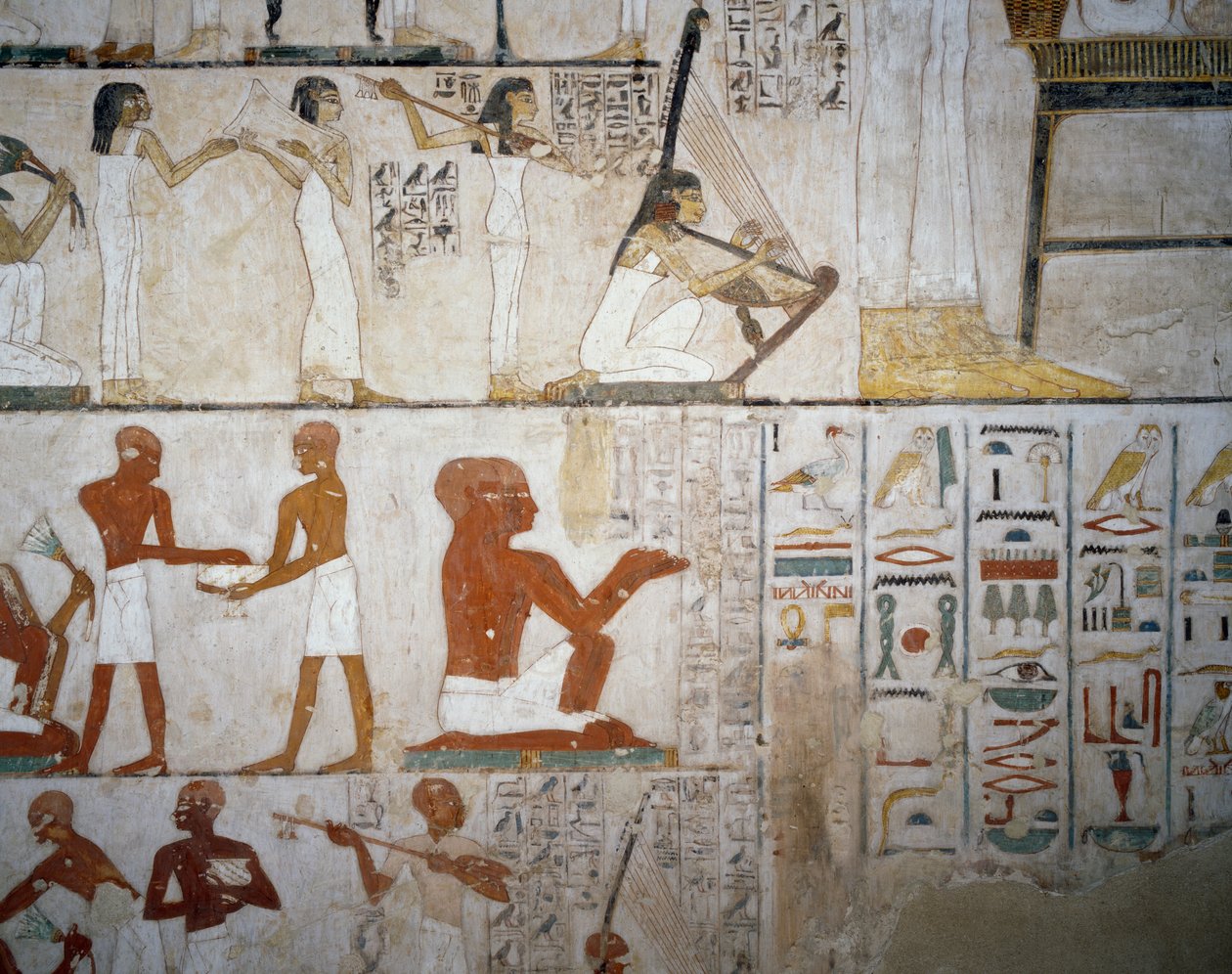 Begravningsfest med kvinnliga musiker, män och musiker, detalj från freskerna i Rekhmires grav, Sheikh Abd el Qurnah Necropolis, Luxor, Thebe (Unescos världsarvslista av Egyptian 18th Dynasty