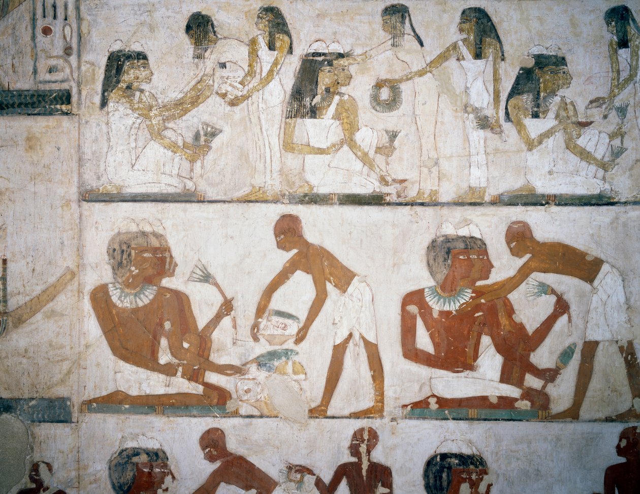 Begravningsfest med kvinnliga musiker, kvinnor som sätter på sig smycken, män och musiker, fresker i Tomb of Rekhmire, Sheikh Abd el Qurna Necropolis, Luxor, Thebe (Unescos världsarvslista av Egyptian 18th Dynasty