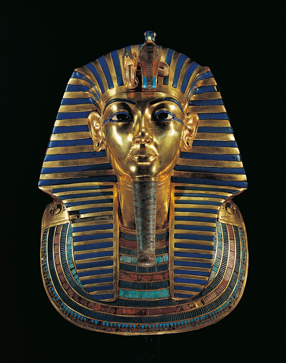 Tutankhamons gyllene begravningsmask (1347/1338 f.Kr.) inlagd med lapis lazuli, obsidian och turkos av Egyptian 18th Dynasty