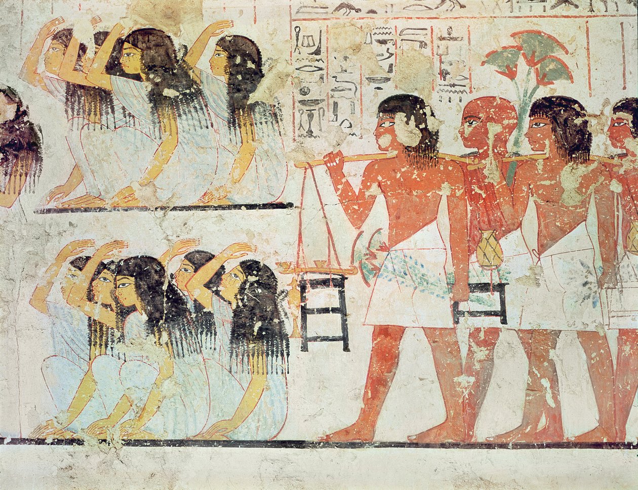 Grupp sörjande i Ramoses begravningståg, från Ramoses gravkapell, New Kingdom, c.1360 f.Kr. (väggmålning) av Egyptian 18th Dynasty