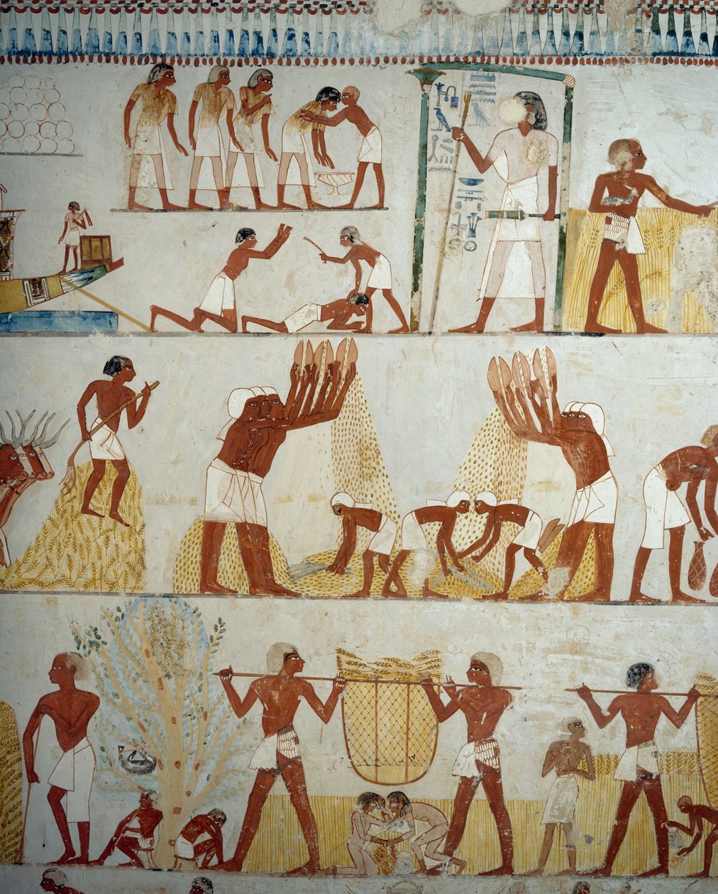Skörda, tröska och vinna spannmål, detaljer från fresker i vestibulen av Mennas grav, Sheikh Abd el Qurnah Necropolis, Luxor, Thebe (Unescos världsarvslista av Egyptian 18th Dynasty