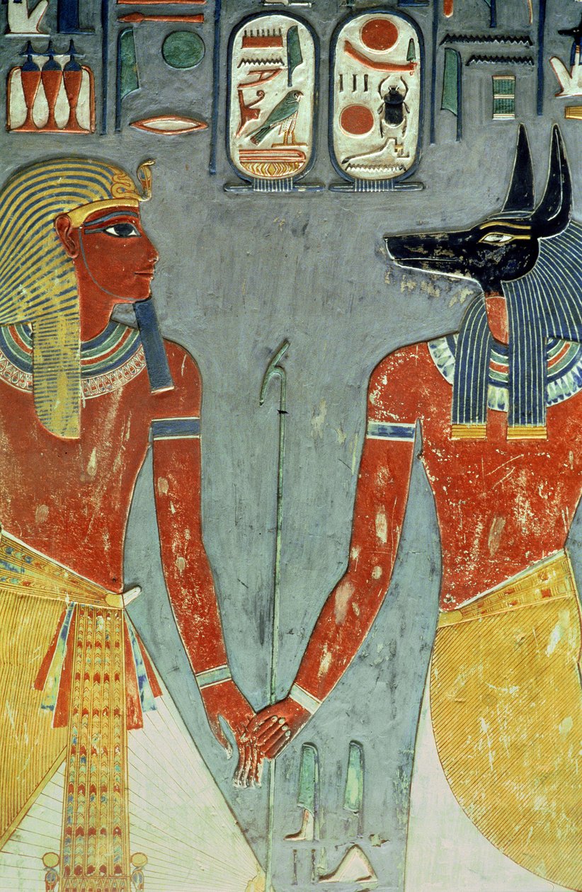 Horemheb och Anubis, från Horemhebs grav (ca 1323-1295 f.Kr.) New Kingdom (väggmålning) av Egyptian 18th Dynasty