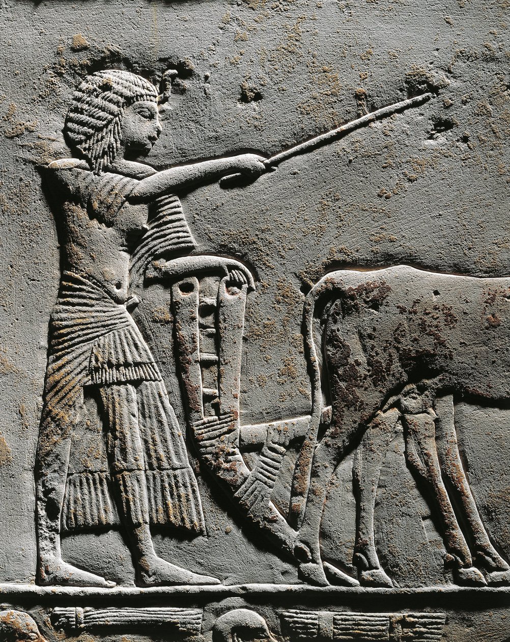 Horemheb plöjer mark på Iarus fält, relief från Horemhebs grav i Saqqara, detalj av Egyptian 18th Dynasty