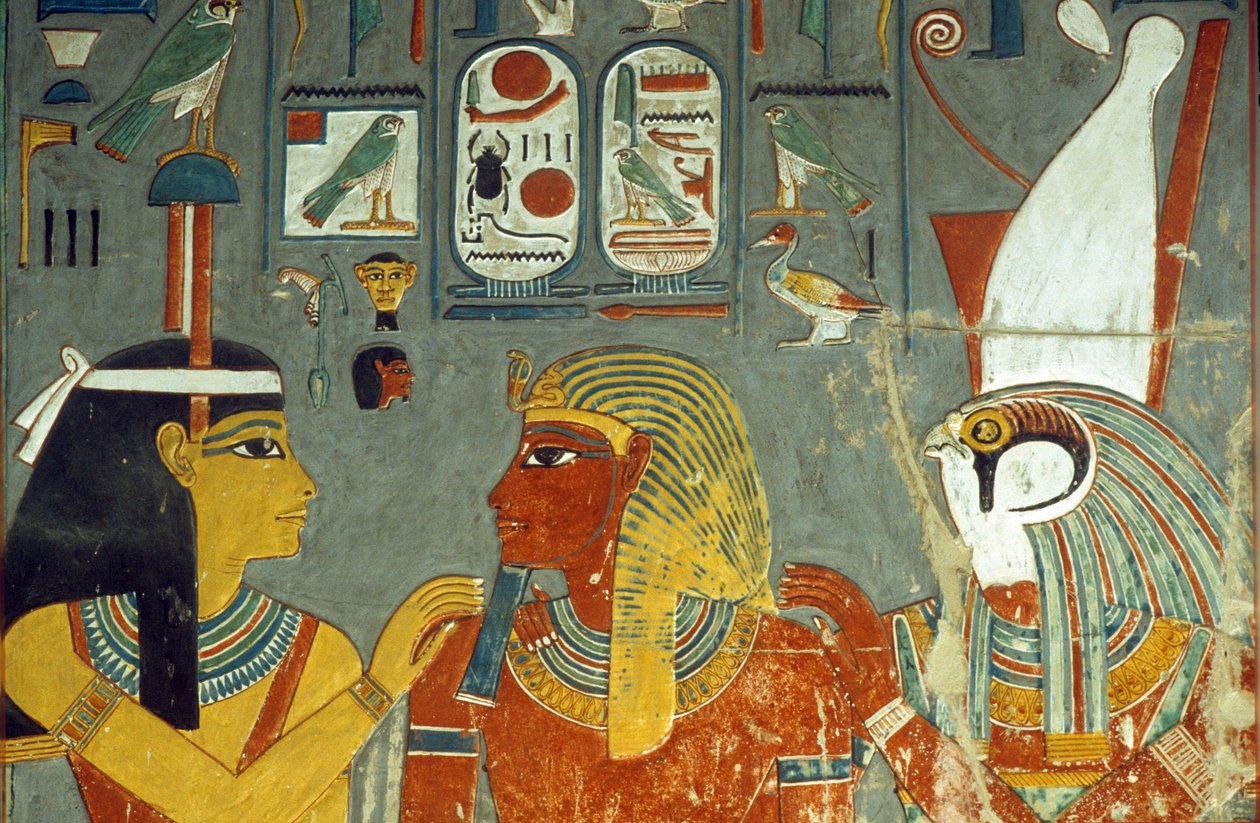 Horus, Horemheb och Hathor, från Horemhebs grav (ca 1323-1295 f.Kr.) New Kingdom (väggmålning) av Egyptian 18th Dynasty
