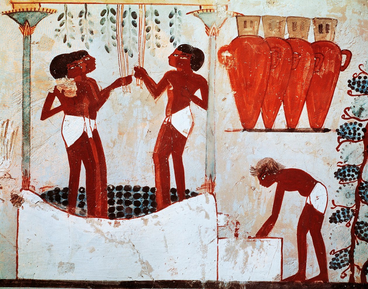 Illustration av det lantliga dagliga livet: plockning av höns och skörd av druvor, kommer från Nakht-graven i Thebe av Egyptian 18th Dynasty