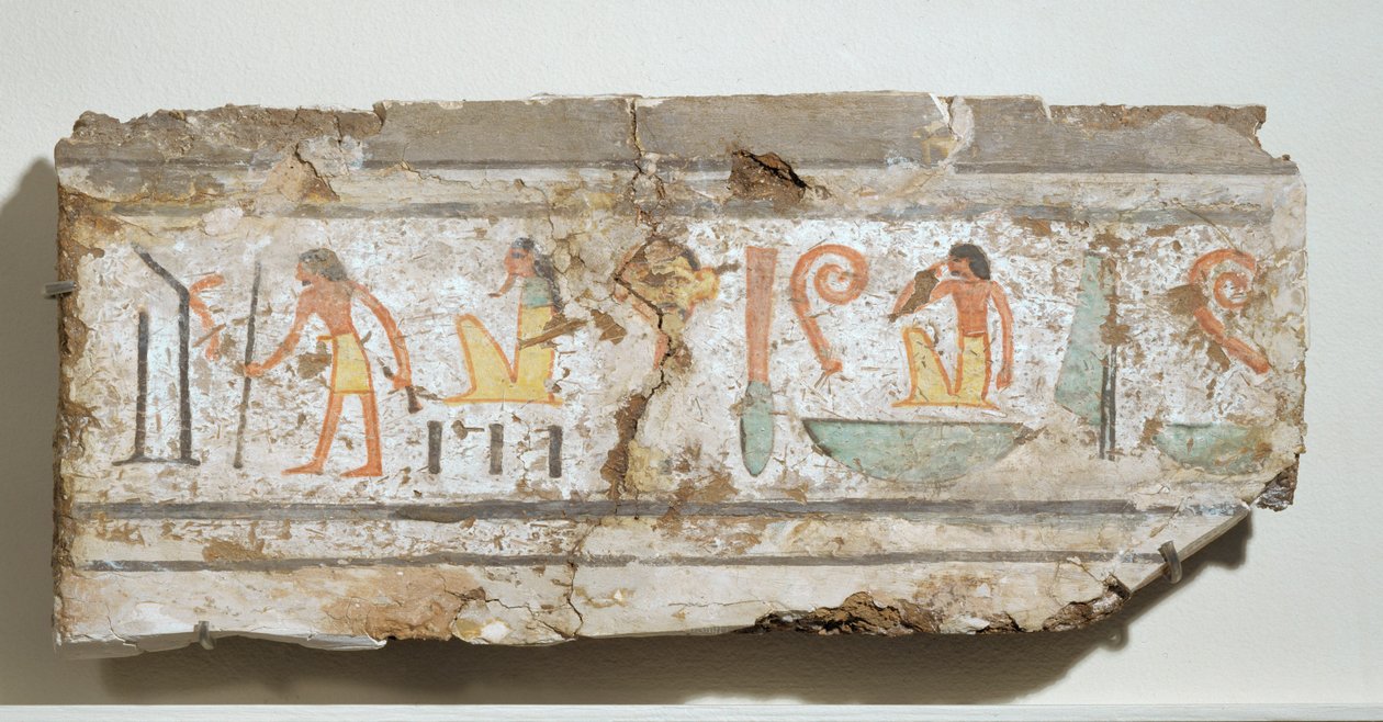 Inskrift med särskilt tydliga hieroglyfer: en man med käpp, en skäggig gud på huk, en man med handen för munnen ... av Egyptian 18th Dynasty