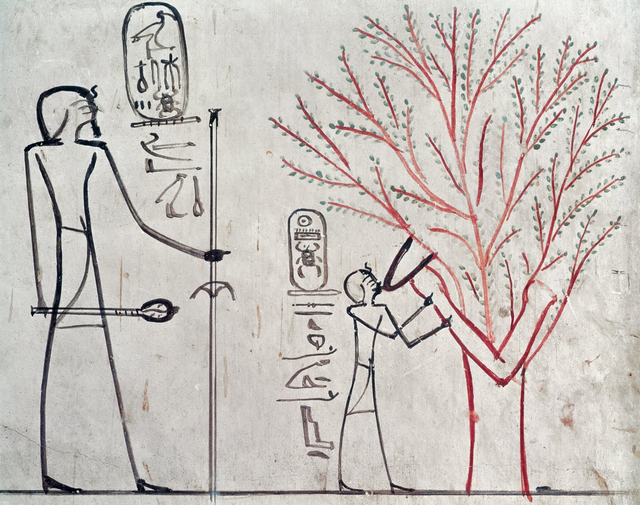 Isis omvandlas till ett platanträd som diar Tuthmosis III (ca 1479-1425 f.Kr.) (väggmålning) av Egyptian 18th Dynasty