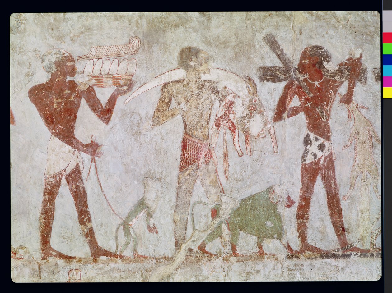 Kushiter som bär hyllningar av guld, elfenben och djurskinn, från graven av Rekhmire, vesir av Tuthmosis III och Amenhotep II, New Kingdom (väggmålning) av Egyptian 18th Dynasty