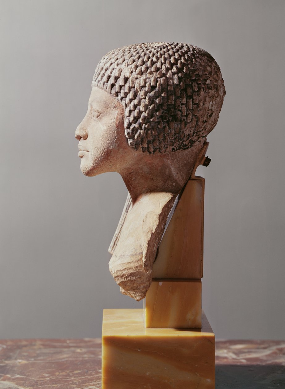 Vänster profil av huvudet av en prinsessa från familjen Akhenaten, Nya kungariket (målad kalksten) (se även 107940, 116813, 370211) av Egyptian 18th Dynasty