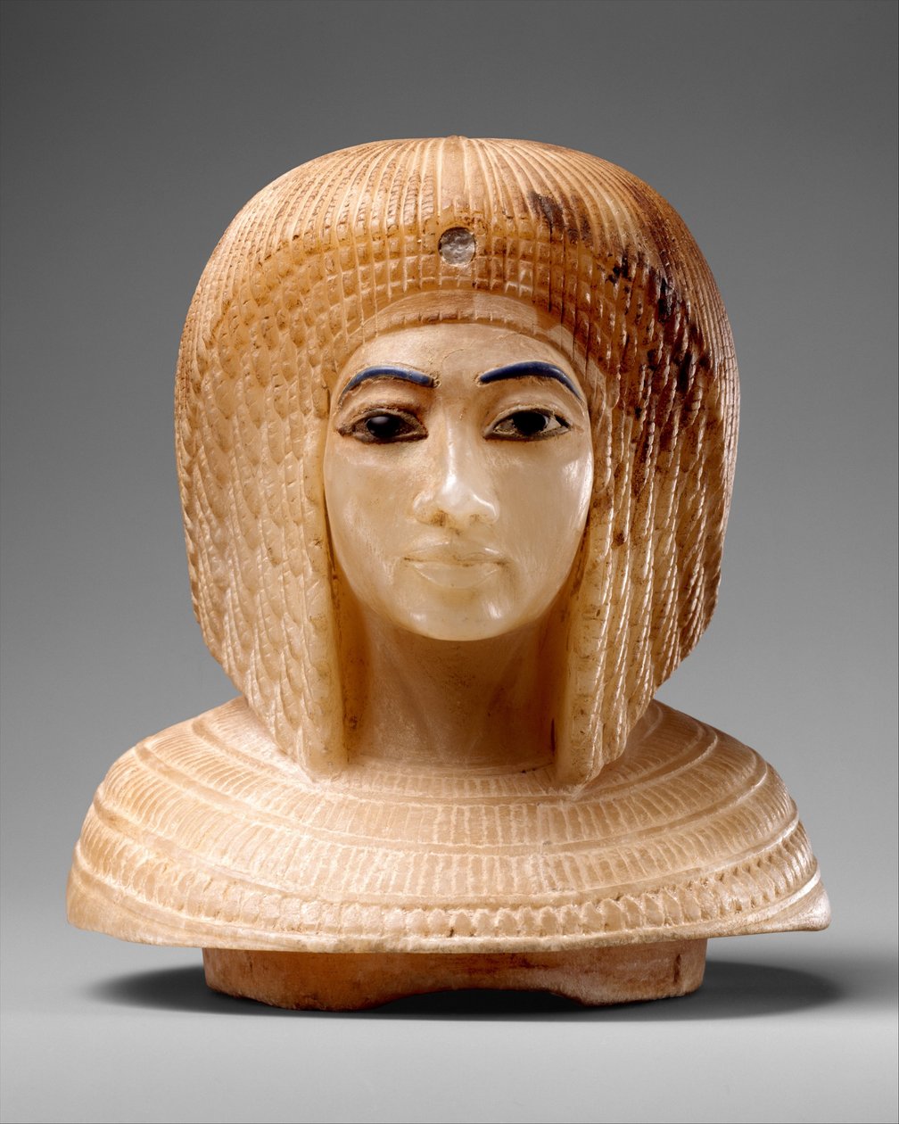 Lock i form av en kunglig kvinnas huvud, c.1349–36 f.Kr. (travertin, blått glas, obsidian) av Egyptian 18th Dynasty