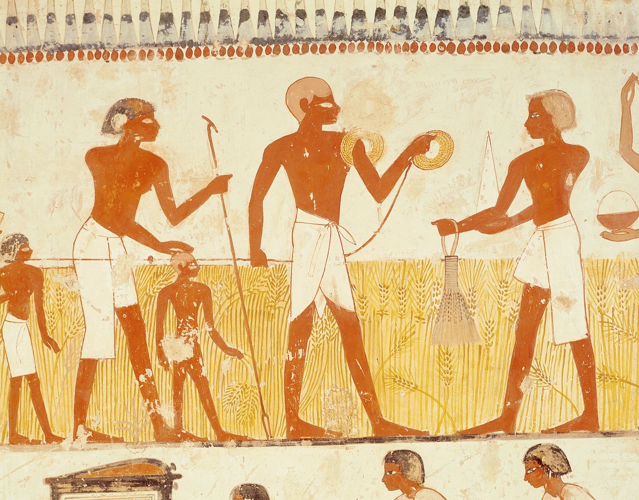 Mätning av landet med hjälp av rep, från gravkapellet i Menna, New Kingdom (väggmålning) (se även 251666) av Egyptian 18th Dynasty