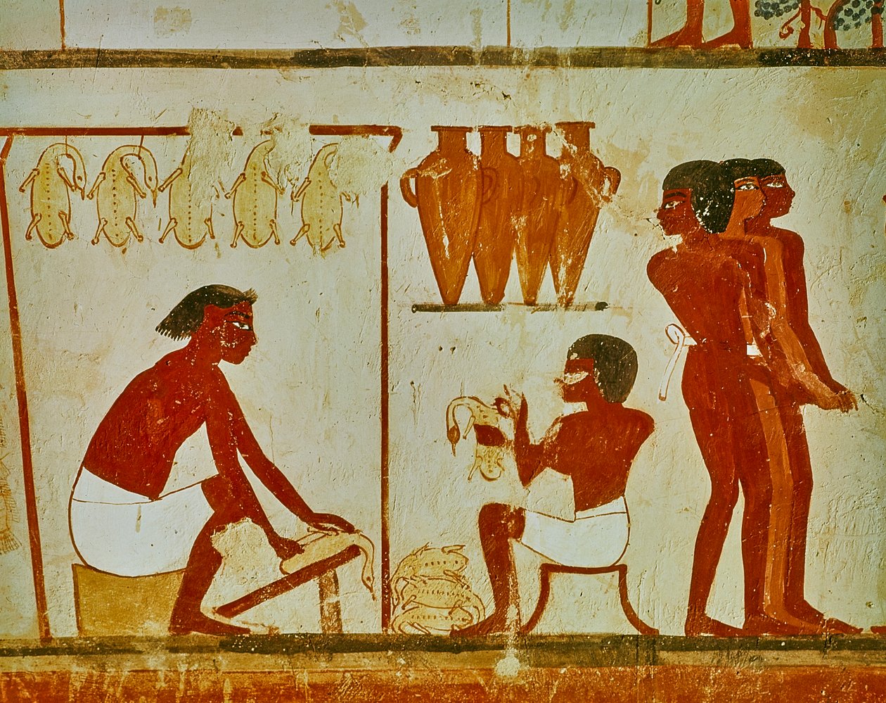 Köttbearbetning av fåglarna, detalj från Nakhts grav, ca 1390 f.Kr. (väggmålning) av Egyptian 18th Dynasty