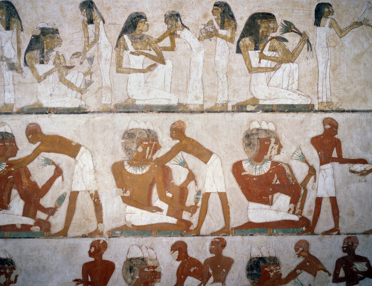 Män och kvinnor tar på sig smycken, detaljer från freskerna i Rekhmires grav, Sheikh Abd el Qurnah Necropolis, Luxor, Thebe (Unescos världsarvslista av Egyptian 18th Dynasty
