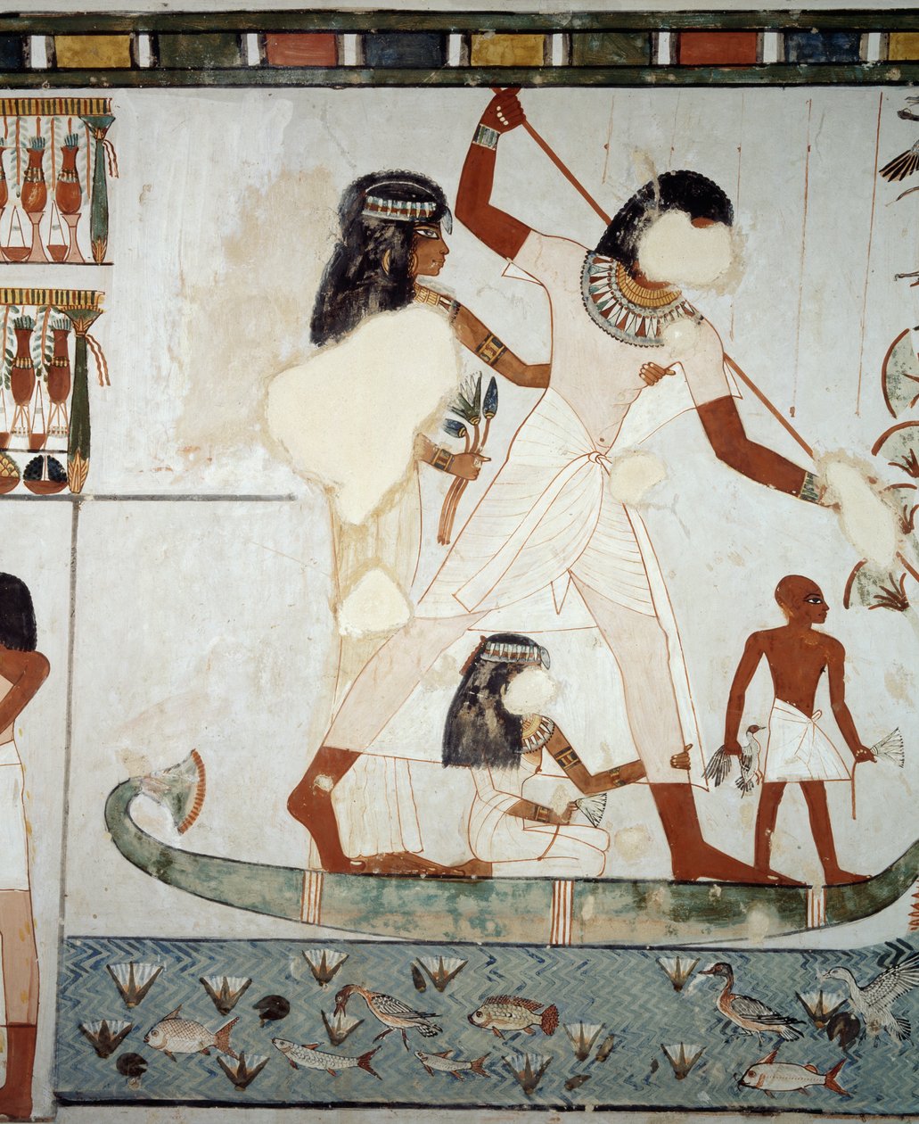 Menna och hans familj fiskar och fiskar i Nilens myrar, detalj från fresker i kapellet i Mennas grav, Sheikh Abd el Qurnah Necropolis, Luxor, Thebe (Unescos världsarvslista av Egyptian 18th Dynasty