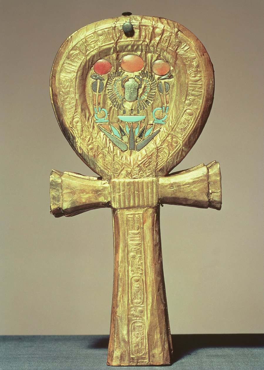 Spegelfodral i form av en ankh, från Tutankhamons grav (c.1370-52 f.Kr.) New Kingdom (förgyllt trä inlagt med glaspasta) av Egyptian 18th Dynasty