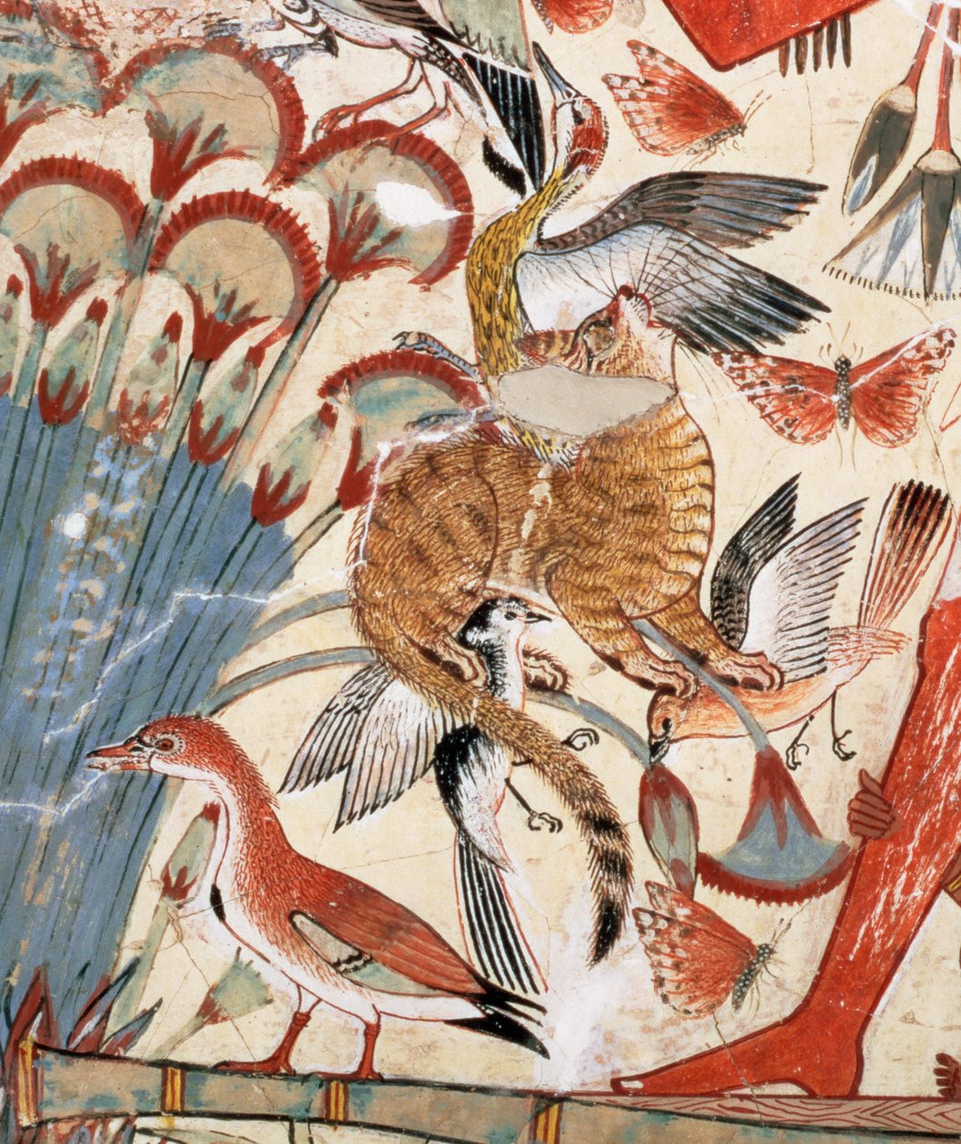 Nebamun jagar i kärren med sin fru en dotter, en del av en väggmålning från gravkapellet i Nebamun, Thebe, New Kingdom, ca 1350 f.Kr. (målad gips) (detalj av 3748) av Egyptian 18th Dynasty