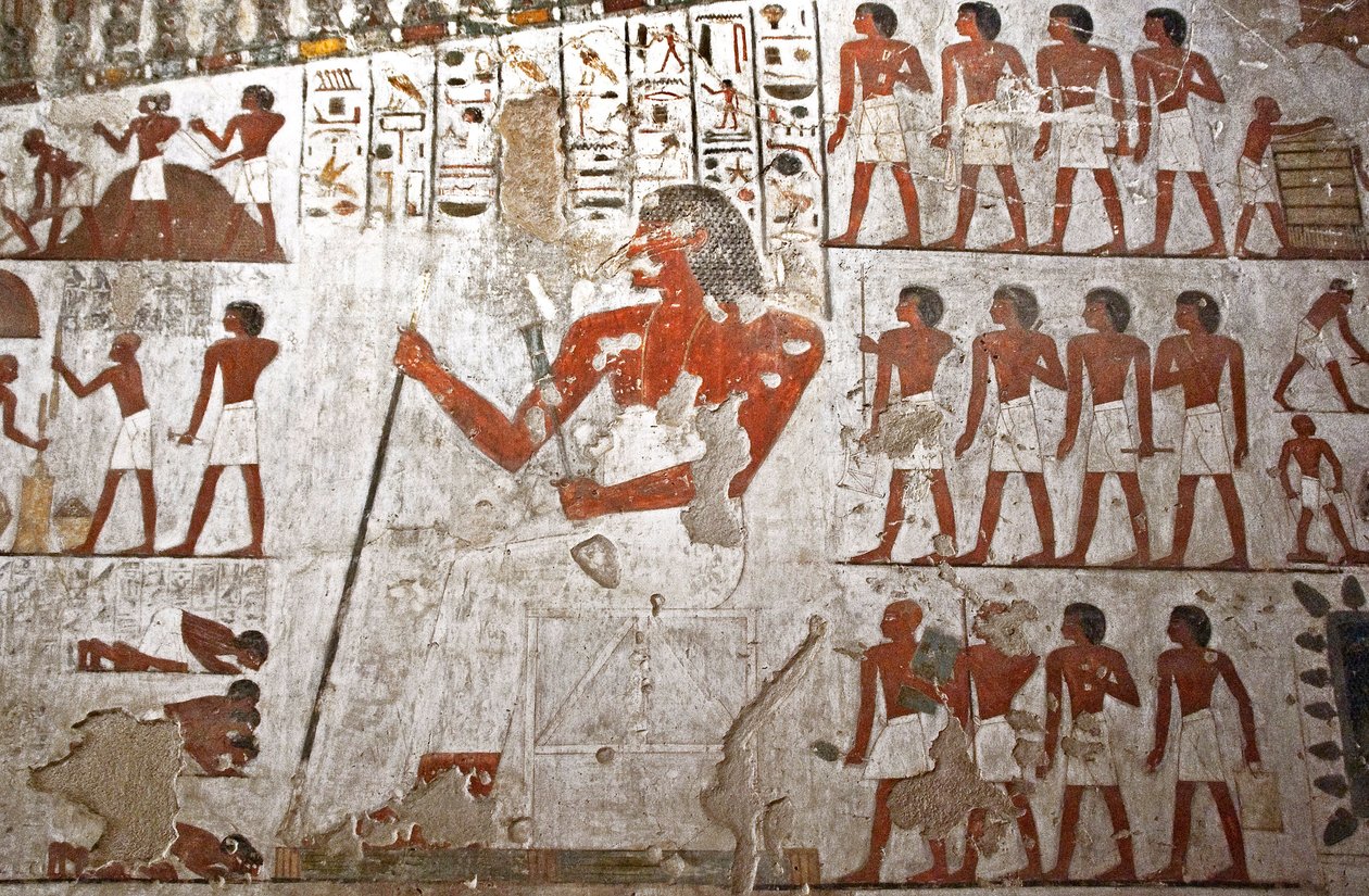 Målning som dekorerar Rekhmires grav, representerad omgiven av hans tjänare (fresk) av Egyptian 18th Dynasty