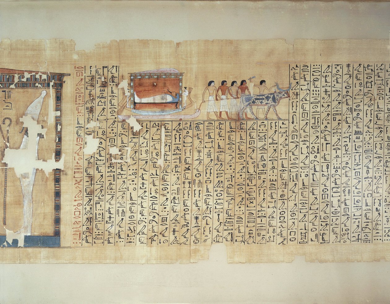 Papyrus föreställande transport av sarkofag på vagn dragen av oxe, från Maiherperis dödbok av Egyptian 18th Dynasty