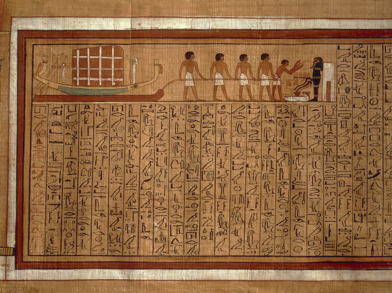 Papyrus med "Dödsbokens" hieroglyfer och polykroma illustrationer från Kha:s grav i Thebe. Nya riket, XVIII:e dynastin av Egyptian 18th Dynasty