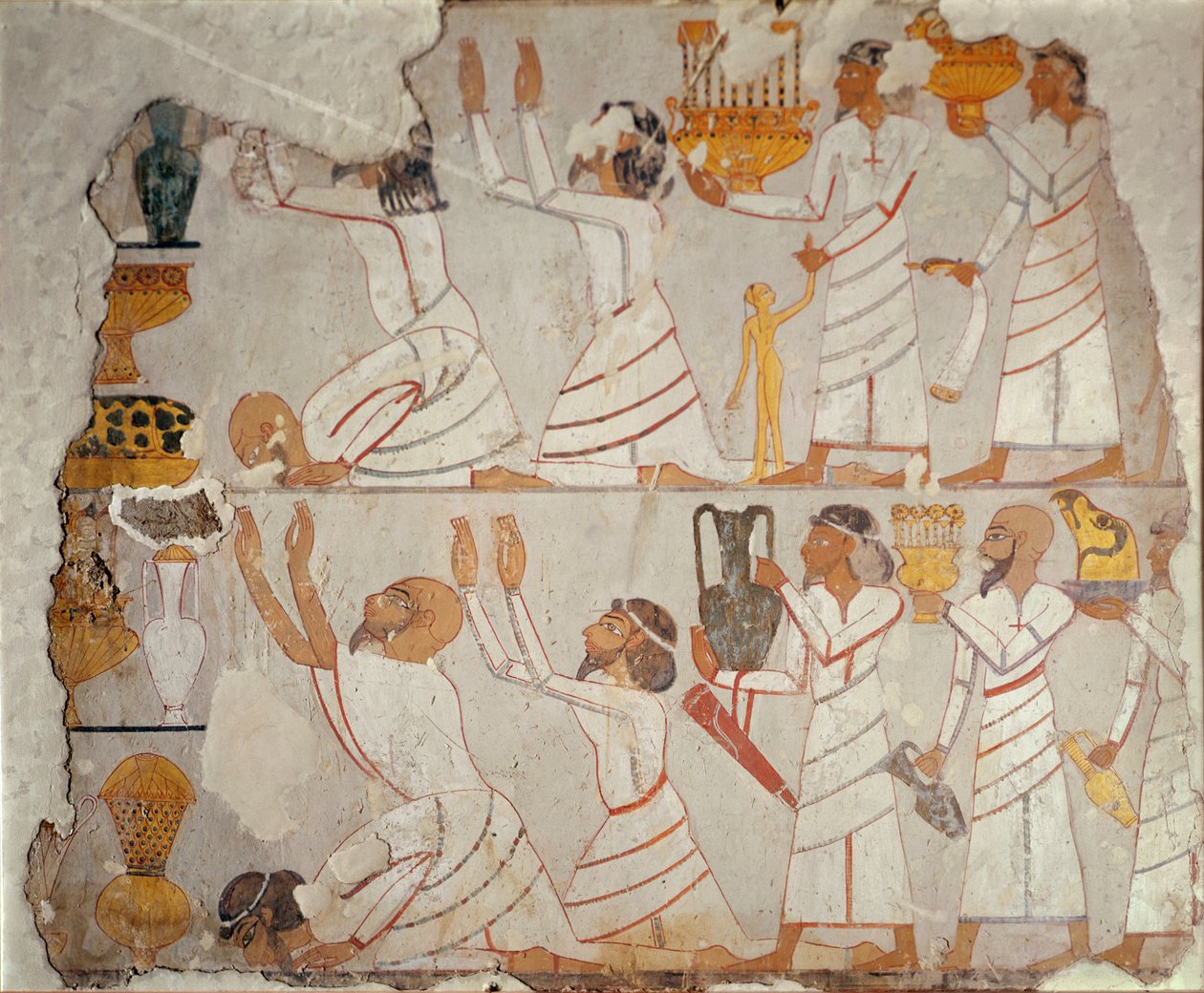 Del av en målad gravvägg som visar asiatiska hyllningsbärare, ca 1400 f.Kr. (målad gips på sten) av Egyptian 18th Dynasty