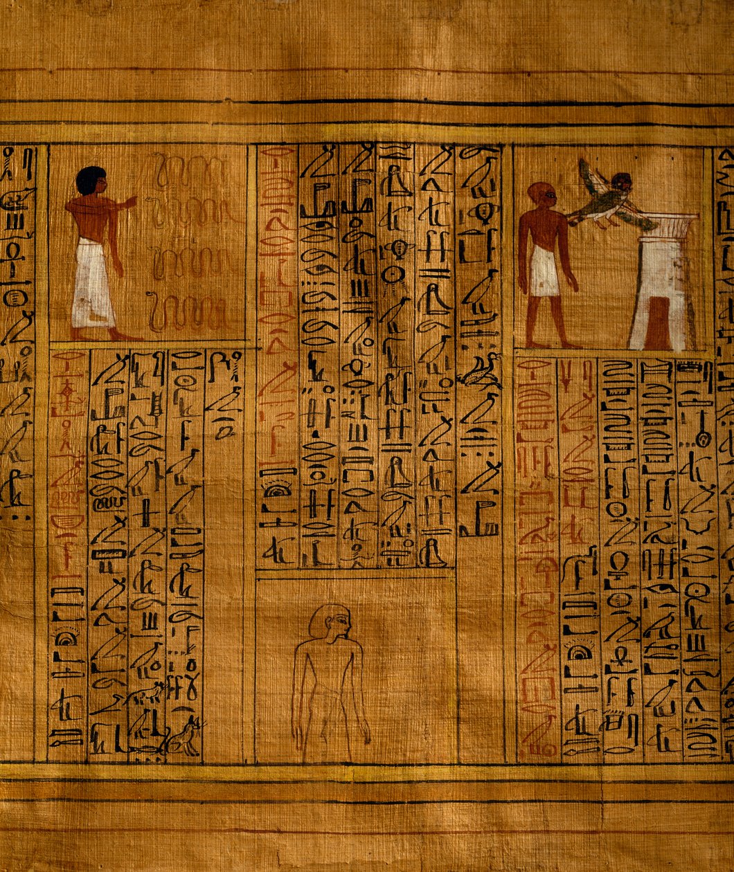 Del av dödsbok med text i vertikala kolumner av hieroglyfer och inlagor med polykroma illustrationer, papyrus, 34cm x 14cm, från Kha-graven i Deir el-Medina, Egyptisk civilisation, Nya riket, XVIII:e dynastin av Egyptian 18th Dynasty