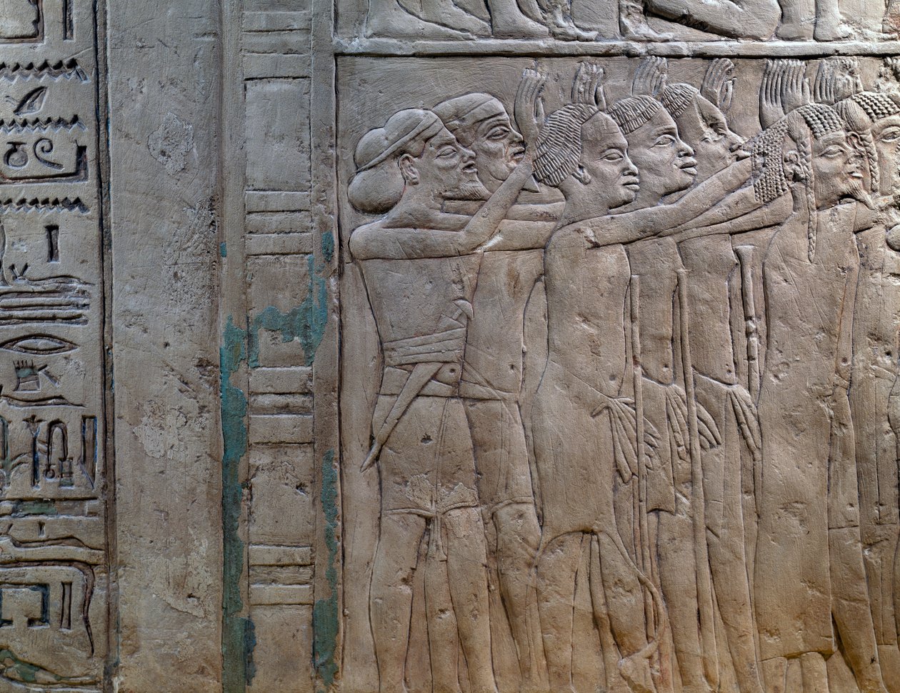 Prinsar från Nubien, Libyen, Syrien och Palestina kommer för att hylla kungen, basrelief i kalksten, från Horemhebs memfitiska grav i Saqqara, Egyptens civilisation, Nya riket, XVIII:e dynastin av Egyptian 18th Dynasty