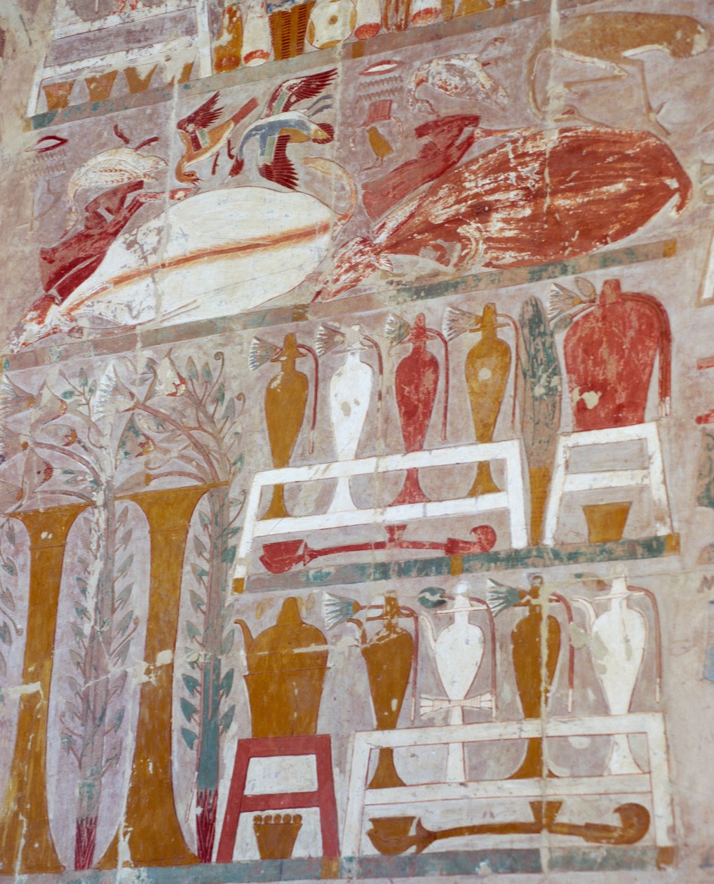 Proviant och keramik som drottning Hatshepsut offrade till gudarna, målad relief, Anubiskapellet, drottning Hatshepsuts dödstempel, även känt som Djeser-Djeseru, Deir el-Bahri, Thebe. Egyptisk civilisation, Nya riket, XVIII:e dynastin av Egyptian 18th Dynasty