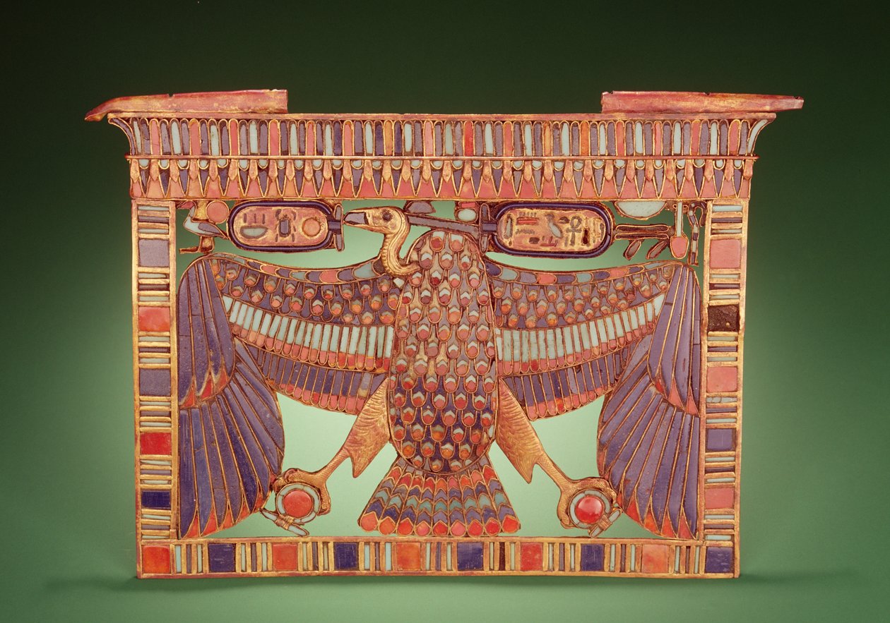 Pylon pectoral dekorerad med gam i övre Egypten, från Tutankhamons grav (ca 1370-52 f.Kr.) New Kingdom (guld cloisonne inlagd med glaspasta) av Egyptian 18th Dynasty