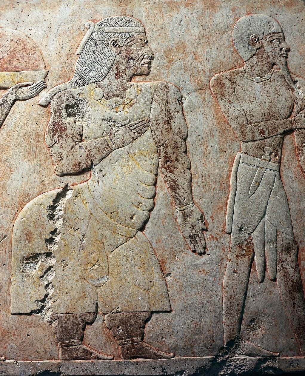 Drottning av Punt, detaljbild som visar en expedition till landet Punt, målad relief, kolonnaden i Punt, Hatshepsuts gravtempel, Deir el-Bahari, Thebes nekropol (Unescos världsarvslista) av Egyptian 18th Dynasty