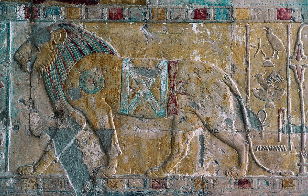 Relief föreställande Hatshepsut som lejon, Hatshepsuts dödstempel, Deir el-Bahari, Luxor, Thebe (Unescos världsarvslista av Egyptian 18th Dynasty