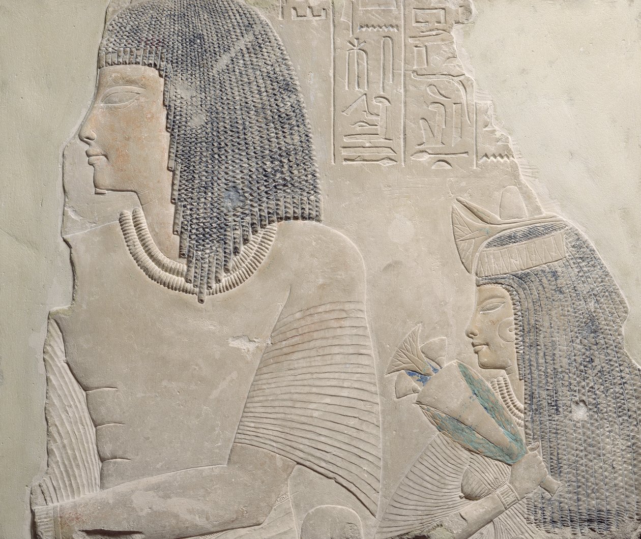 Relief föreställande Imenmes och Dejat, föräldrarna till general Imeneminet, från en grav i Memphis, New Kingdom, ca 1336-1295 f.Kr. (målad kalksten) av Egyptian 18th Dynasty