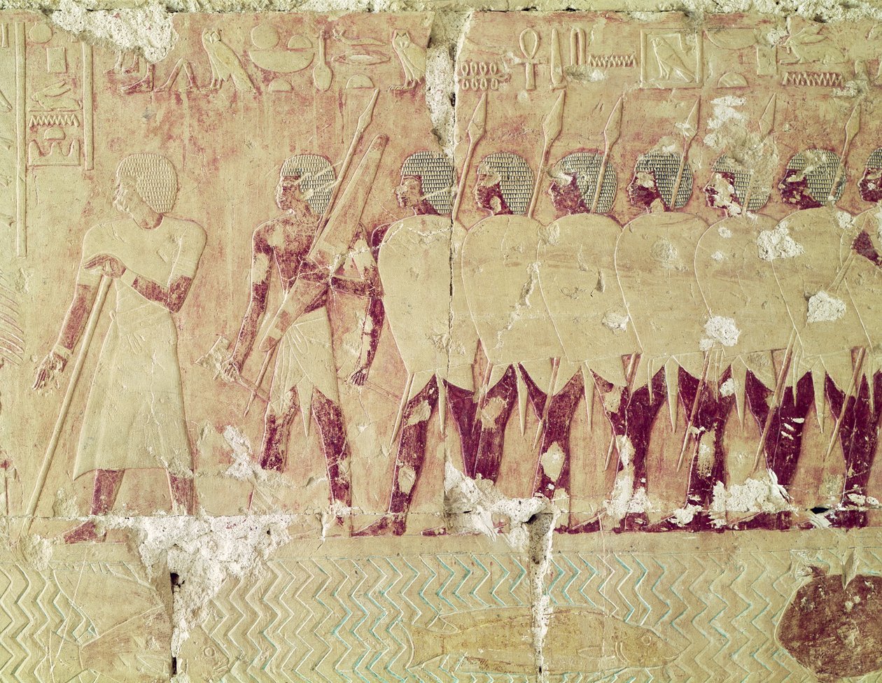 Relief som visar soldater som skickats av drottning Hatshepsut på en expedition till landet Punt för att ta tillbaka ingredienser för användning i tempelritualer, från Hatshepsuts bårhustemplet, ca 1503-1482 f.Kr., Nytt av Egyptian 18th Dynasty