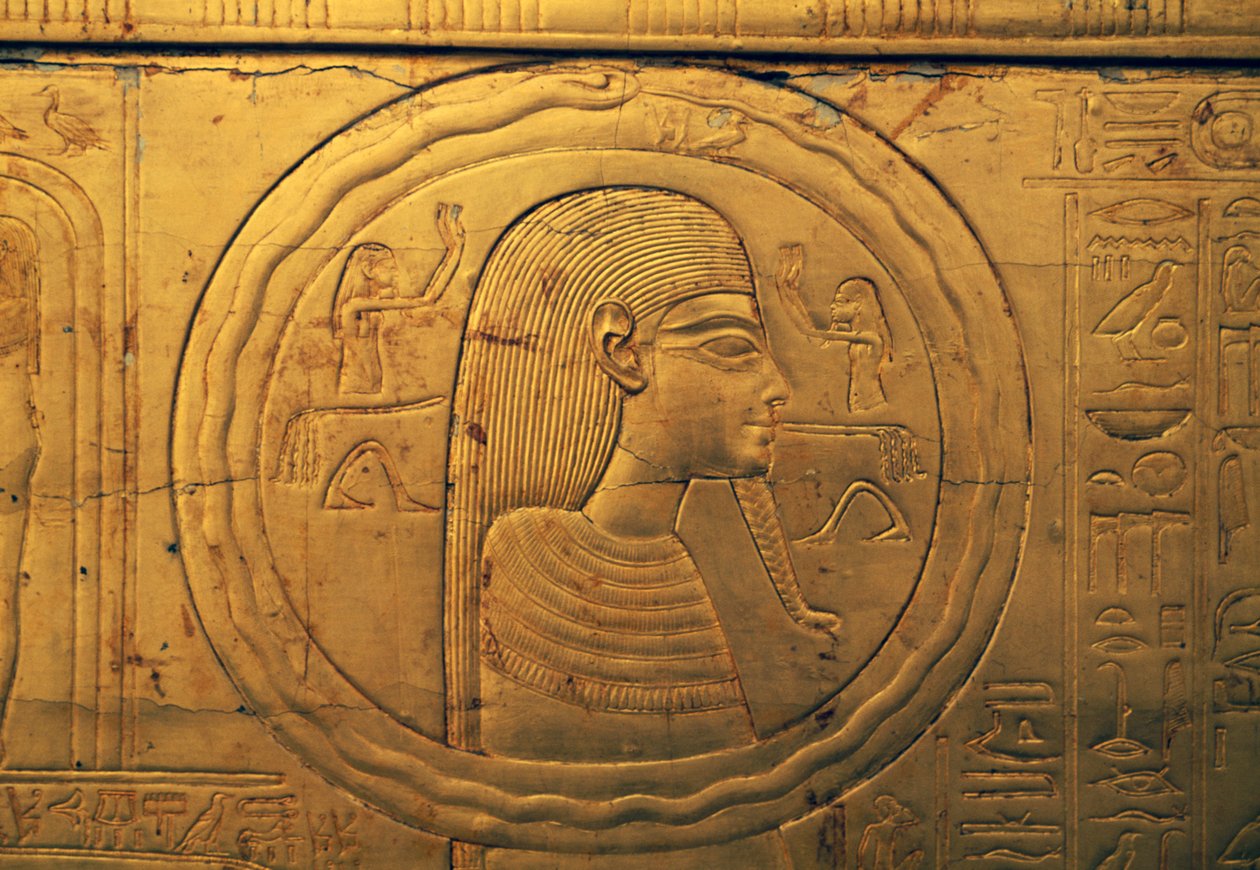 Relief på vänster ytterpanel i andra begravningskapellet, Tutankhamuns skattkammare, Egypten, Egyptisk civilisation, Nya riket, XVIII:e dynastin av Egyptian 18th Dynasty