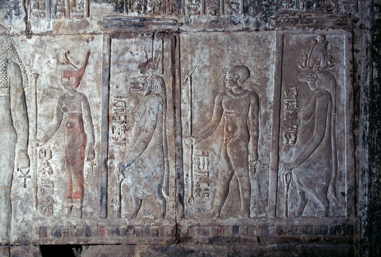Relief med Neith, Opet, Hor Hijen och Hirent, Hatshepsuts begravningstempel, Deir el-Bahari, Theban Necropolis (UNESCO:s världsarvslista av Egyptian 18th Dynasty