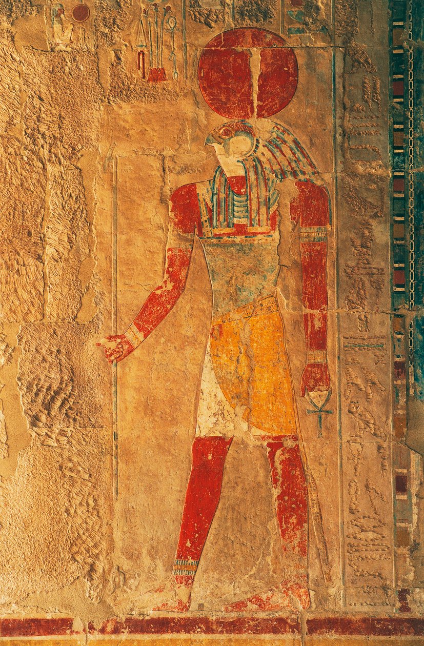 Relief med Ra Horakhty, Hatshepsuts dödstempel, Deir el-Bahari, Theban Necropolis (UNESCO:s världsarvslista) av Egyptian 18th Dynasty
