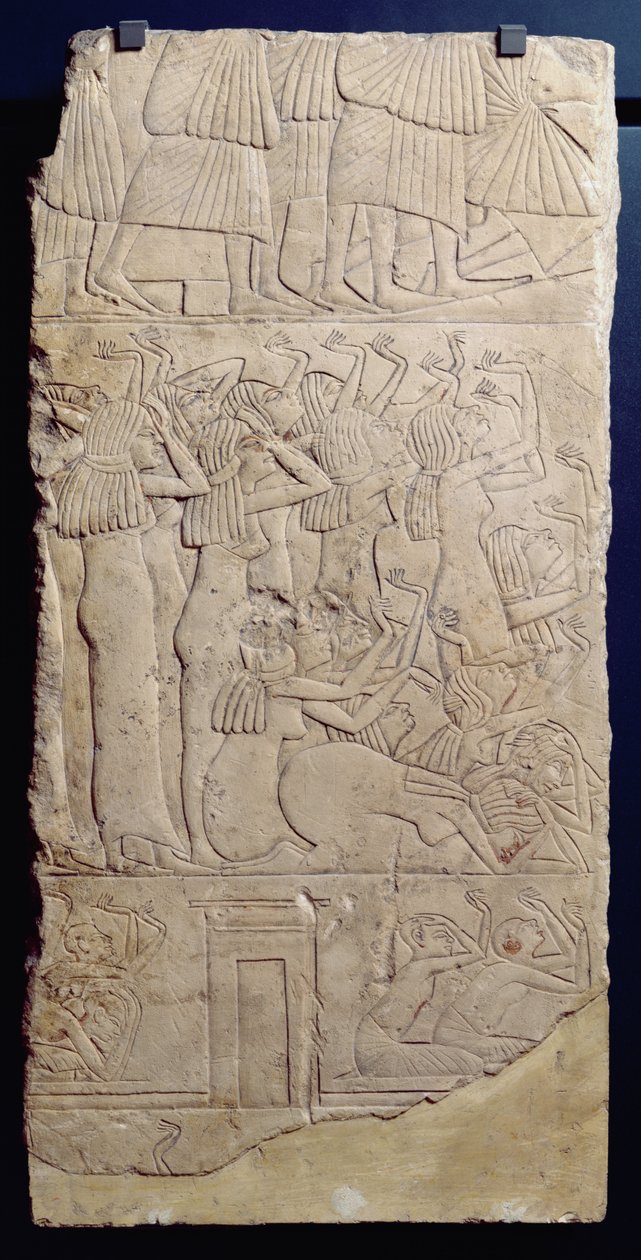 Scen för klagomål under en begravning, från Sakkara, New Kingdom, ca 1330 f.Kr. (kalksten) av Egyptian 18th Dynasty