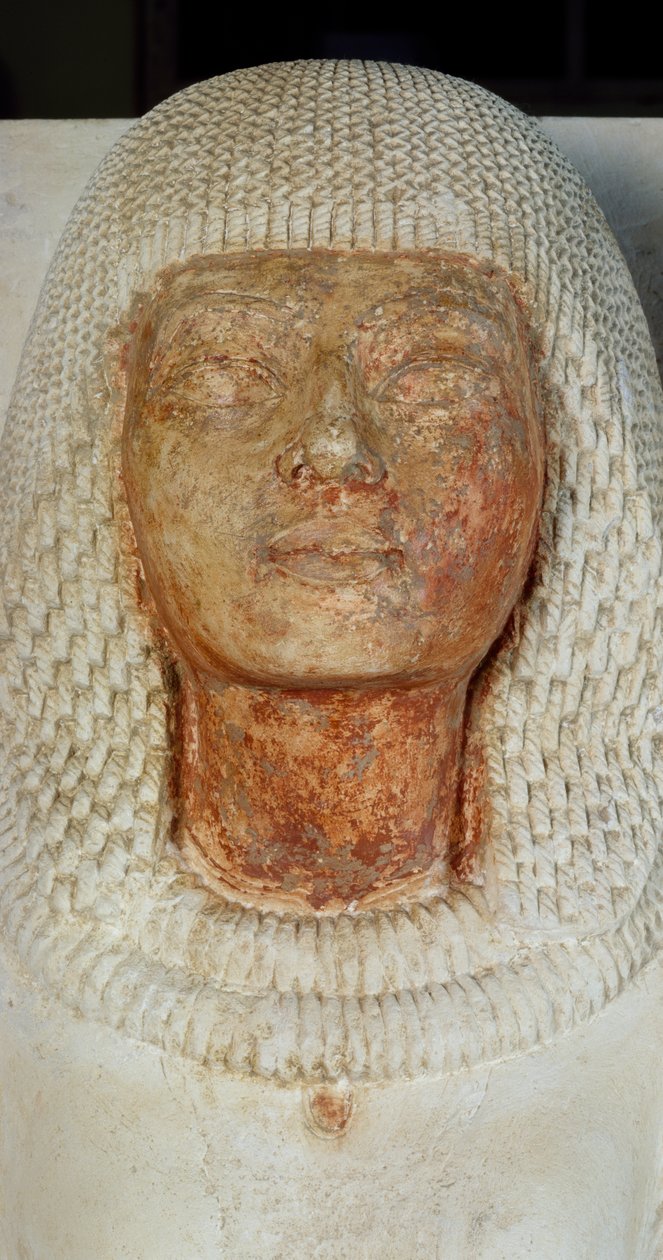 Skrivaren Meryneiths ansikte, detalj från dubbelstatyn av översteprästen Meryneith och hans fru Aniuia, målad kalksten från Akhenatons regeringstid, Saqqara. Egyptisk civilisation, Nya kungariket, Dynasti XVIII av Egyptian 18th Dynasty