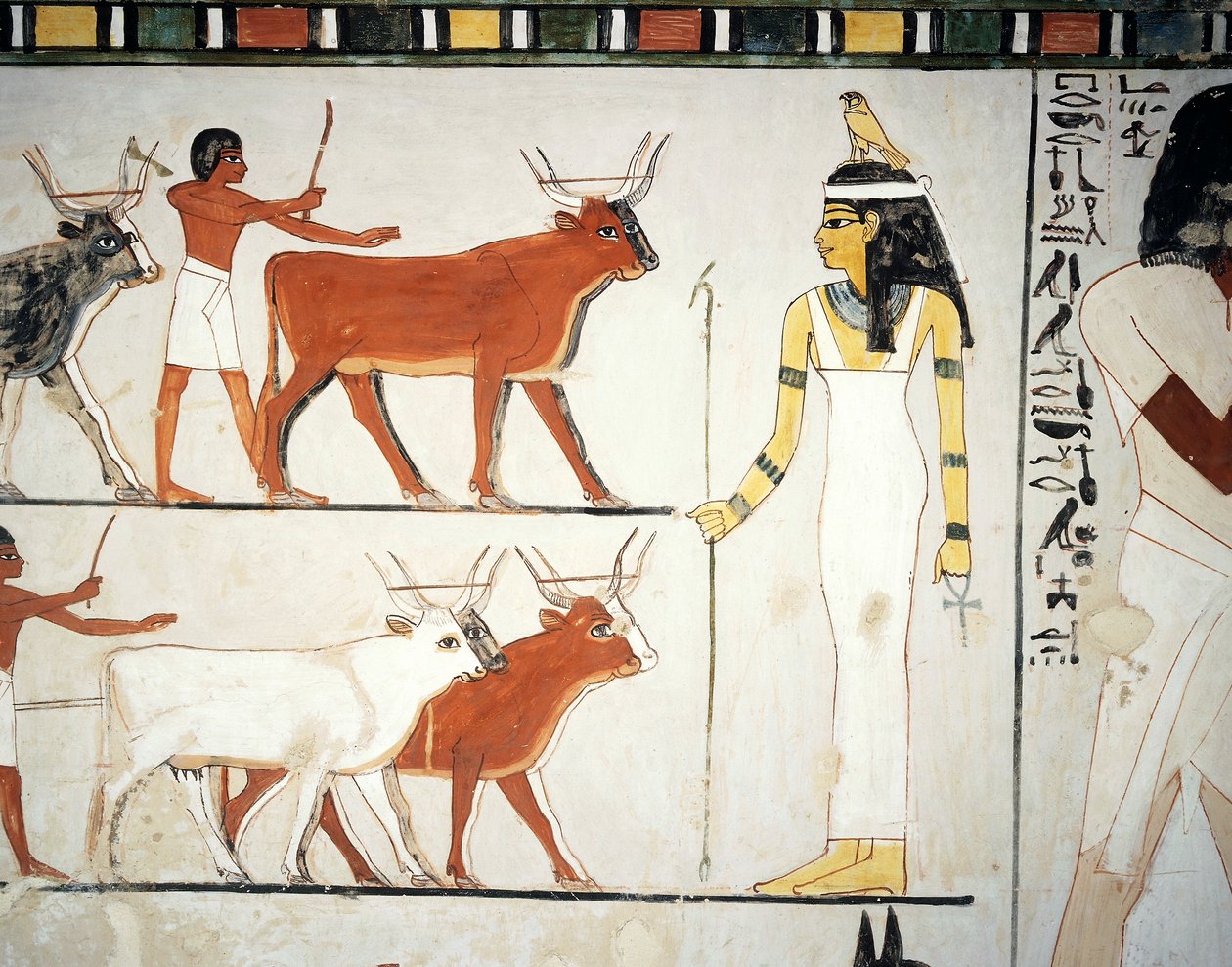 Herdar och boskap framför gudinnan Imentet, fresk, södra väggen, längsgående kammare, Thebanska graven TT69, Sheikh Abd el-Qurna, Thebe (Unescos världsarvslista av Egyptian 18th Dynasty