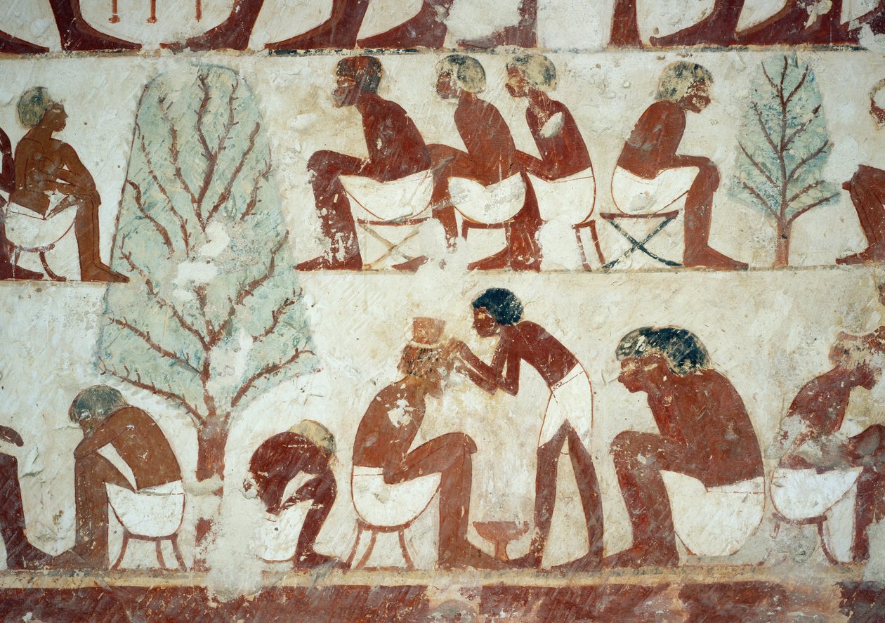 Soldater som klipper håret, detalj från fresker i Userhats grav, Sheikh Abd el Qurnah Necropolis, Luxor, Thebe (Unescos världsarvslista av Egyptian 18th Dynasty