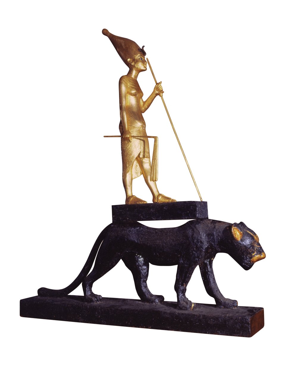 Statyett av kungen på en leopard. från Tutankhamons grav (ca 1370-1352 f.Kr.) New Kingdom (trä & förgylld brons) (se även 228569) av Egyptian 18th Dynasty