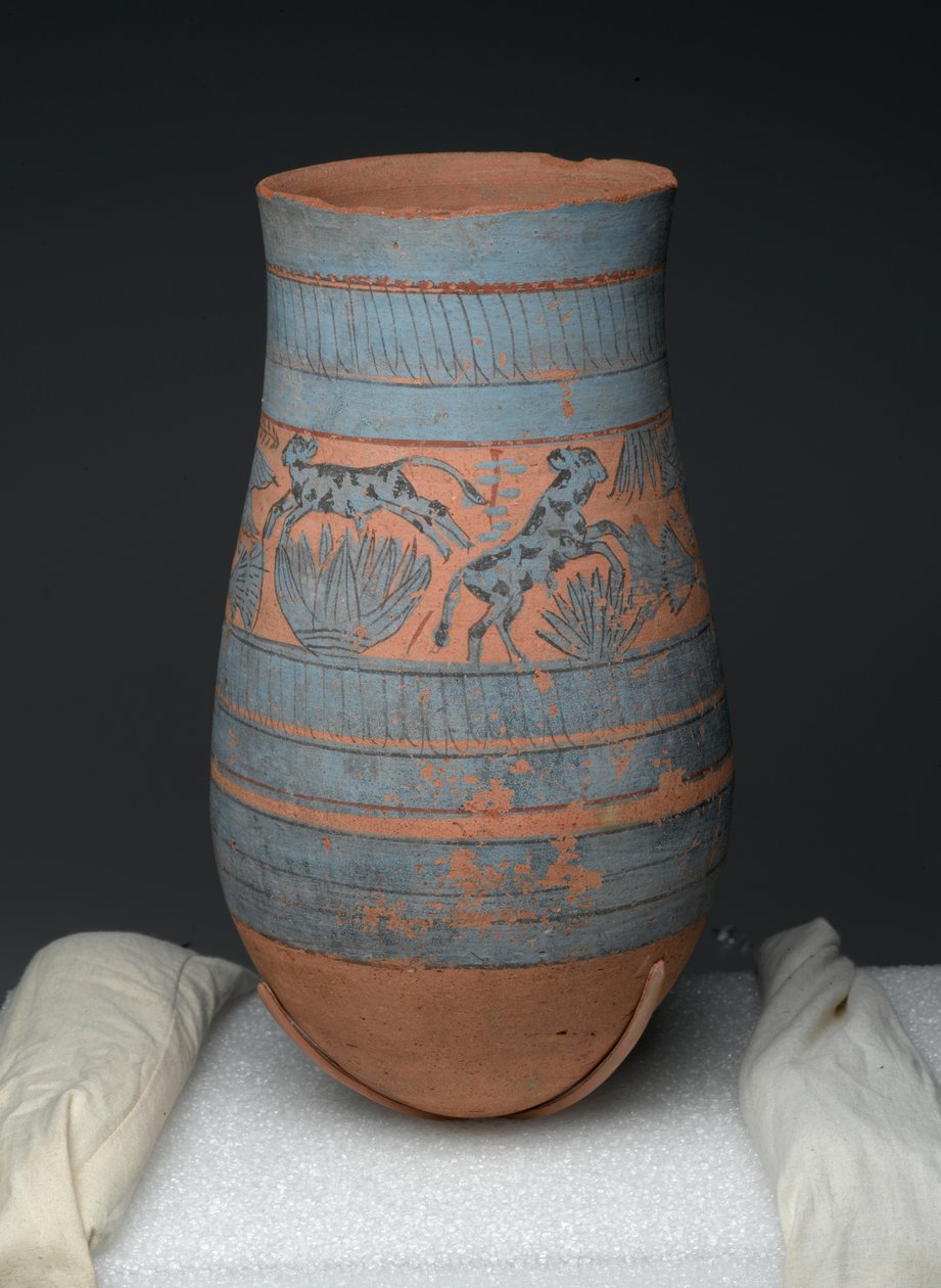 Droppformad vas med målade mönster av jungfrur, kor och träskväxter, New Kingdom, ca 1390-1353 f.Kr. (målad terrakotta) av Egyptian 18th Dynasty
