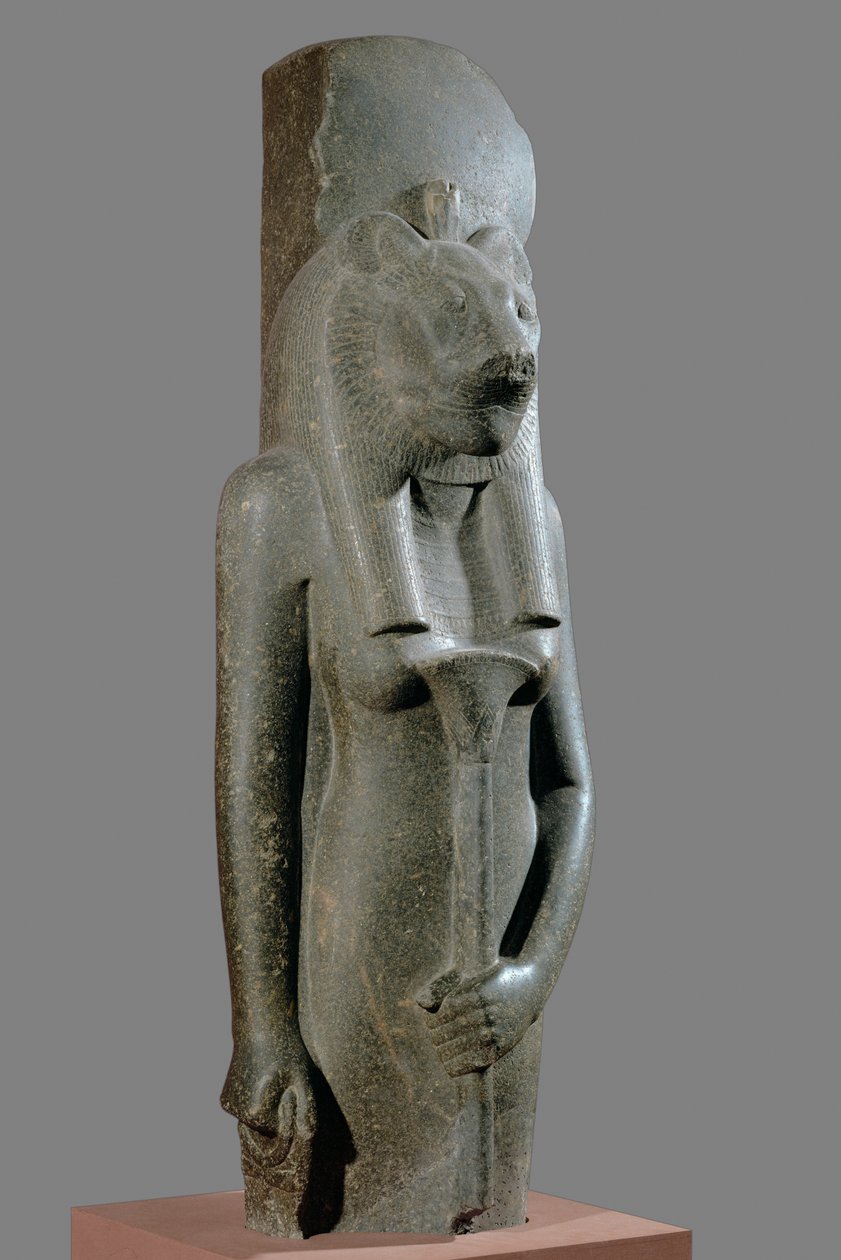 Gudinnan Sekhmet håller en spira i form av en papyrusstjälk... av Egyptian 18th Dynasty