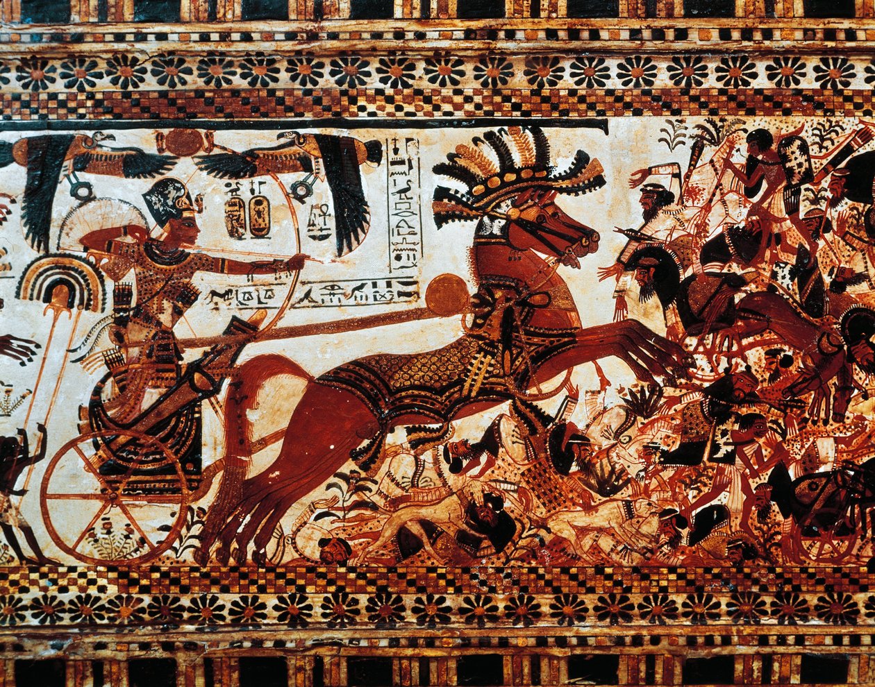 Jaktlådan. Detalj av scenen som visar kungen på sin vagn som besegrar asiatiska fiender, New Kingdom, Dynasti XVIII av Egyptian 18th Dynasty