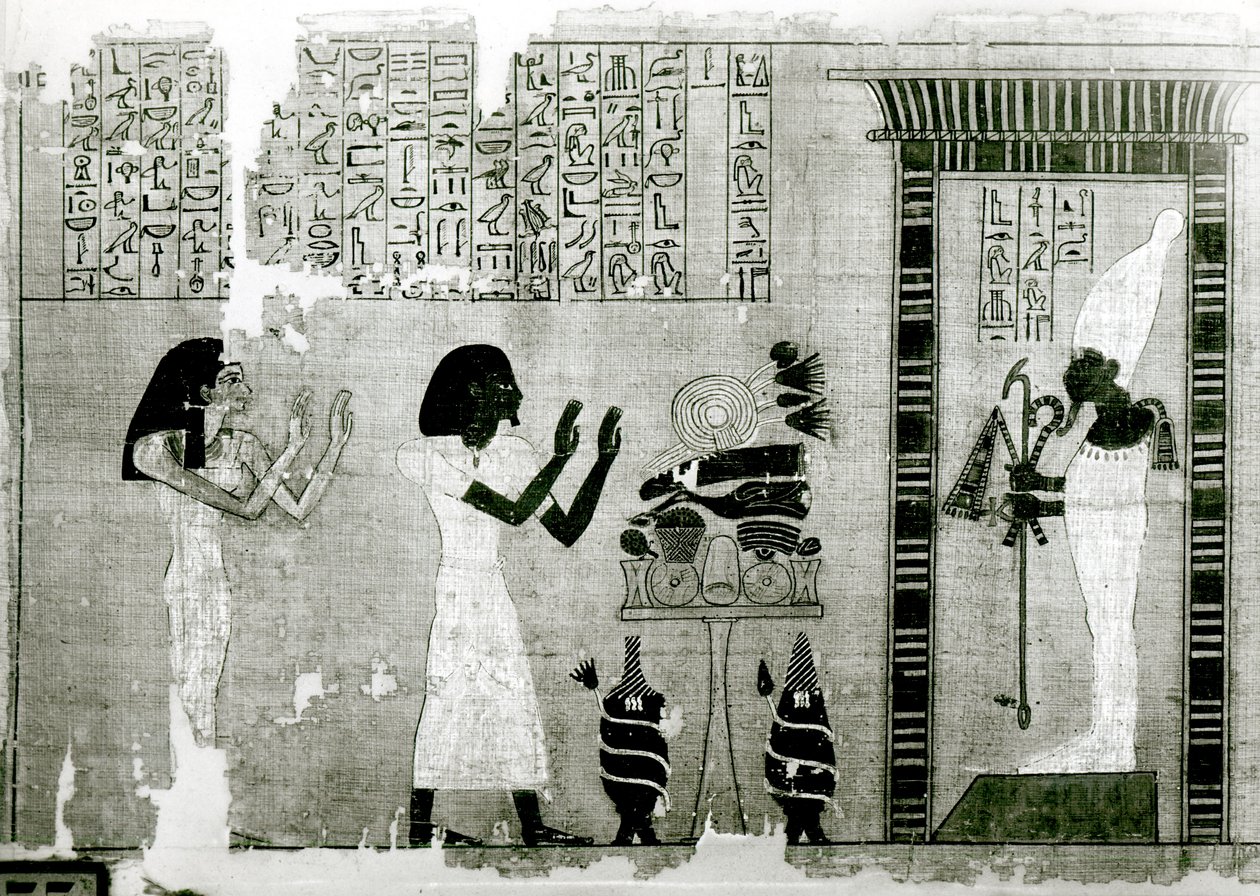 Den avlidne tillsammans med sin syster går för att hylla Osiris, detalj från de dödas bok, Nya kungariket (papyrus) av Egyptian 18th Dynasty