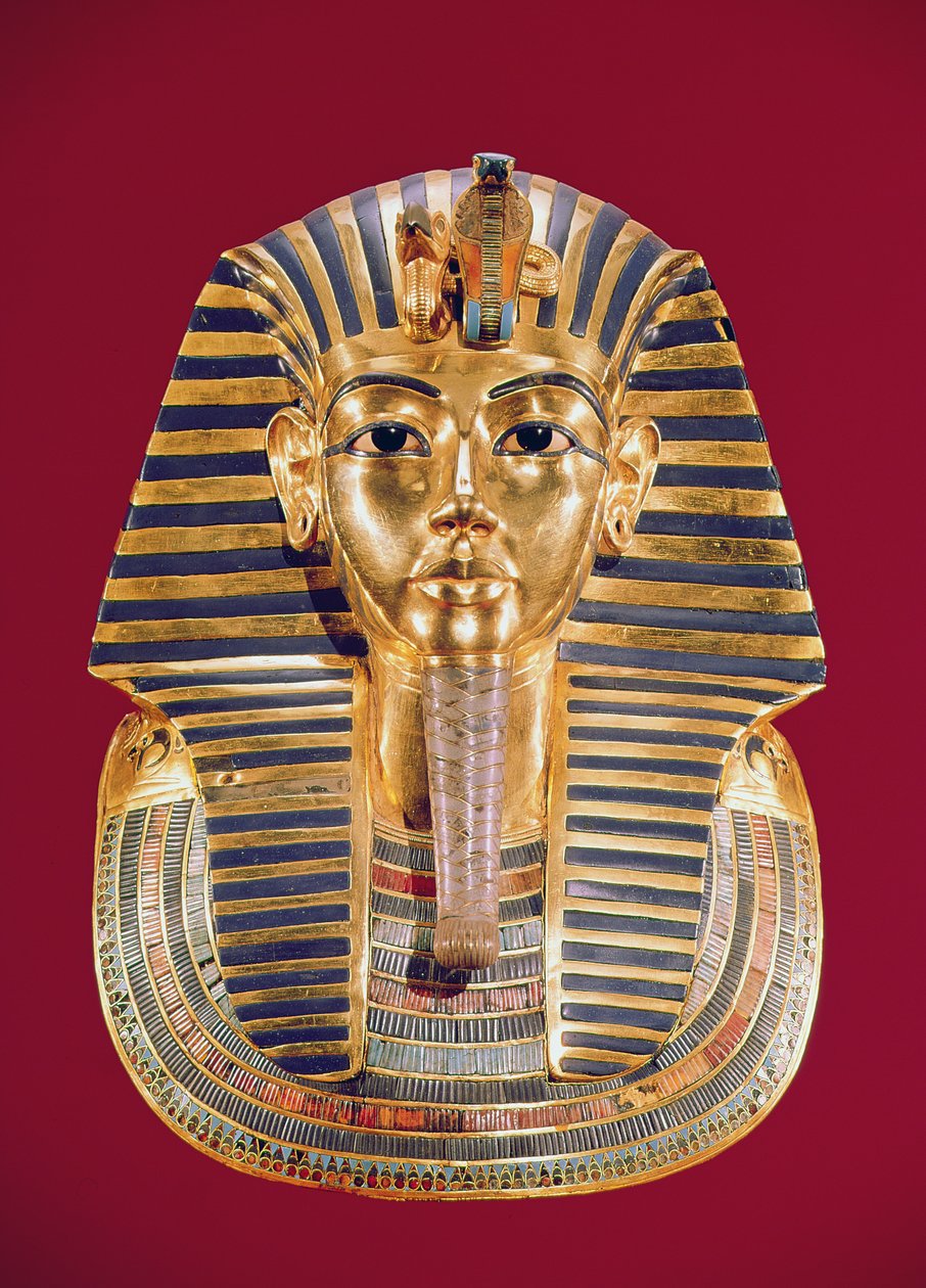 Tutankhamons begravningsmask (ca 1370-1352 f.Kr.) ca 1336-1327 f.Kr., Nya kungariket (guld inlagt med halvädelstenar) av Egyptian 18th Dynasty