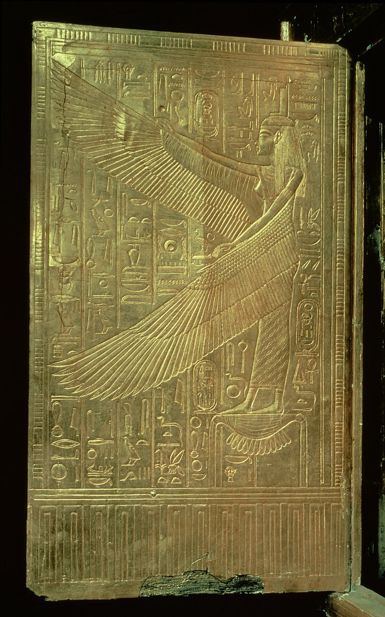 Gudinnan Isis från insidan av en av dubbeldörrarna till den tredje förgyllda helgedomen, från Tutankhamons grav (ca 1370-52 f.Kr.) New Kingdom (förgyllt trä) av Egyptian 18th Dynasty