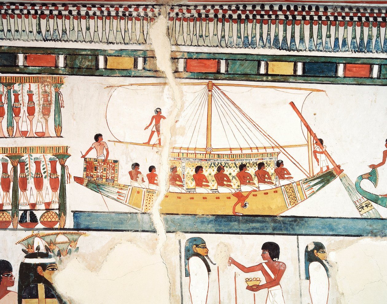Solskeppet, detalj av pilgrimsfärden till Abydos, fresk, norra väggen, lång matsal, Theban Tomb TT69, Sheikh Abd el-Qurna, Thebe (Unescos världsarvslista av Egyptian 18th Dynasty